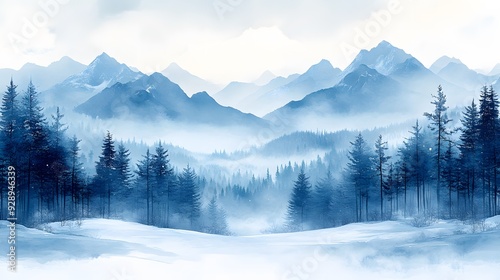 Winter background in watercolor style showcasing a serene snowy landscape, designed for Christmas and New Year invitations.