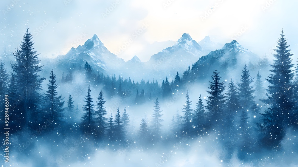 Winter background in watercolor style featuring a serene snowy forest and soft snowfall, ideal for festive invitation designs. Winter background in watercolor style featuring a serene snowy forest and soft snowfall, ideal for festive invitation designs.