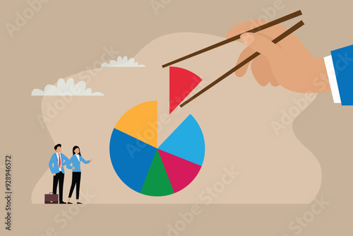 Gamma arm fingers hold chopsticks with center of expense and spending pie chart 2d flat vector illustrations
