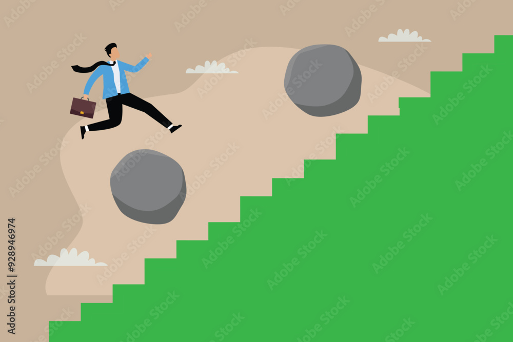 businessman jump over falling boulder to climb up stair of success 2d flat vector illustration businessman jump over falling boulder to climb up stair of success 2d flat vector illustration