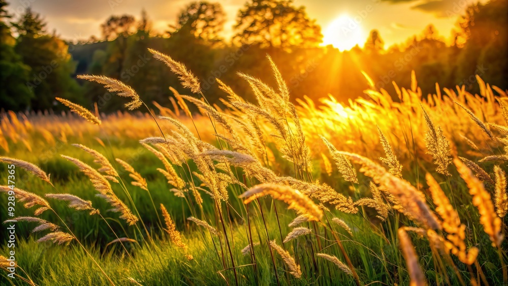 Golden sunlight casts a warm glow on a lush meadow of tall, swaying high grass, gently rustling in the soft summer breeze. Golden sunlight casts a warm glow on a lush meadow of tall, swaying high grass, gently rustling in the soft summer breeze.