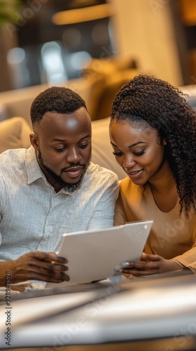 A couple shares a joyful moment as they read on a tablet in a stylish, cozy living area