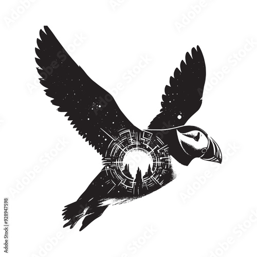 silhouette of Puffin filled with space and sci-fi element in rough drawing