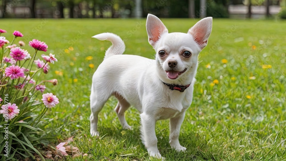 Fawn smooth coat chihuahua dog in flower field Fawn smooth coat chihuahua dog in flower field