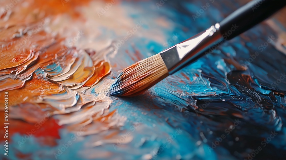 Fototapeta premium Close-up of a paintbrush applying vibrant colors on a canvas, showcasing the texture and blending of acrylic paint in an abstract painting.