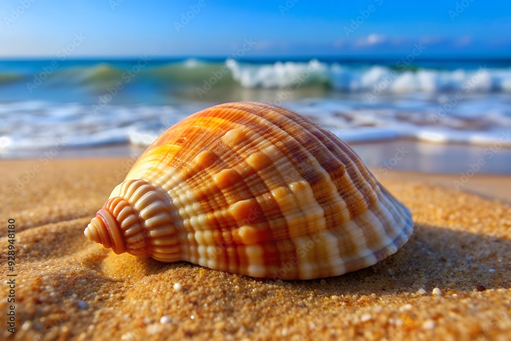 Close-up of a beautiful seashell resting on sandy beach. In the background, gentle ocean waves roll onto the shore, and the bright blue sky blends with the horizon, sunny seaside atmosphere Close-up of a beautiful seashell resting on sandy beach. In the background, gentle ocean waves roll onto the shore, and the bright blue sky blends with the horizon, sunny seaside atmosphere