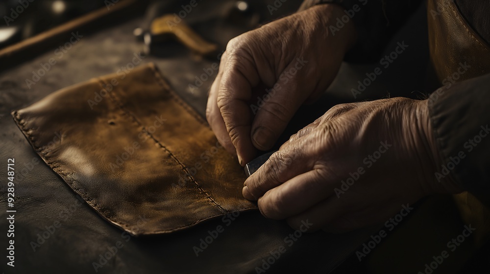 Close-up of skilled hands crafting leather on a workshop table, showcasing meticulous craftsmanship and traditional techniques. Close-up of skilled hands crafting leather on a workshop table, showcasing meticulous craftsmanship and traditional techniques.
