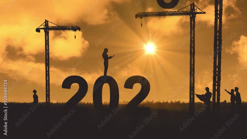 Group silhouette of engineers assembling 2025 number with cranes while working together in construction site with moving clouds time lapse background