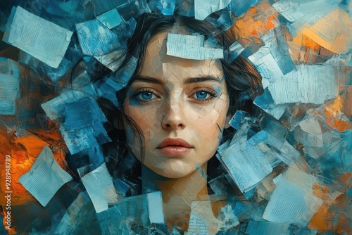 surreal portrait of woman with swirling clocks and papers orbiting her head stressed expression cubistinspired fragmentation cool blue and warm orange tones photo