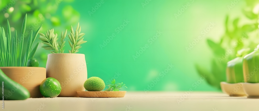 Green plants in pots on a wooden table with blurred green background. Green plants in pots on a wooden table with blurred green background.