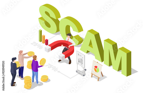 Scam attack, financial trap and phishing, fraud project isometric vector illustration. Office employee stealing money. Cybercrime and illegal business concept