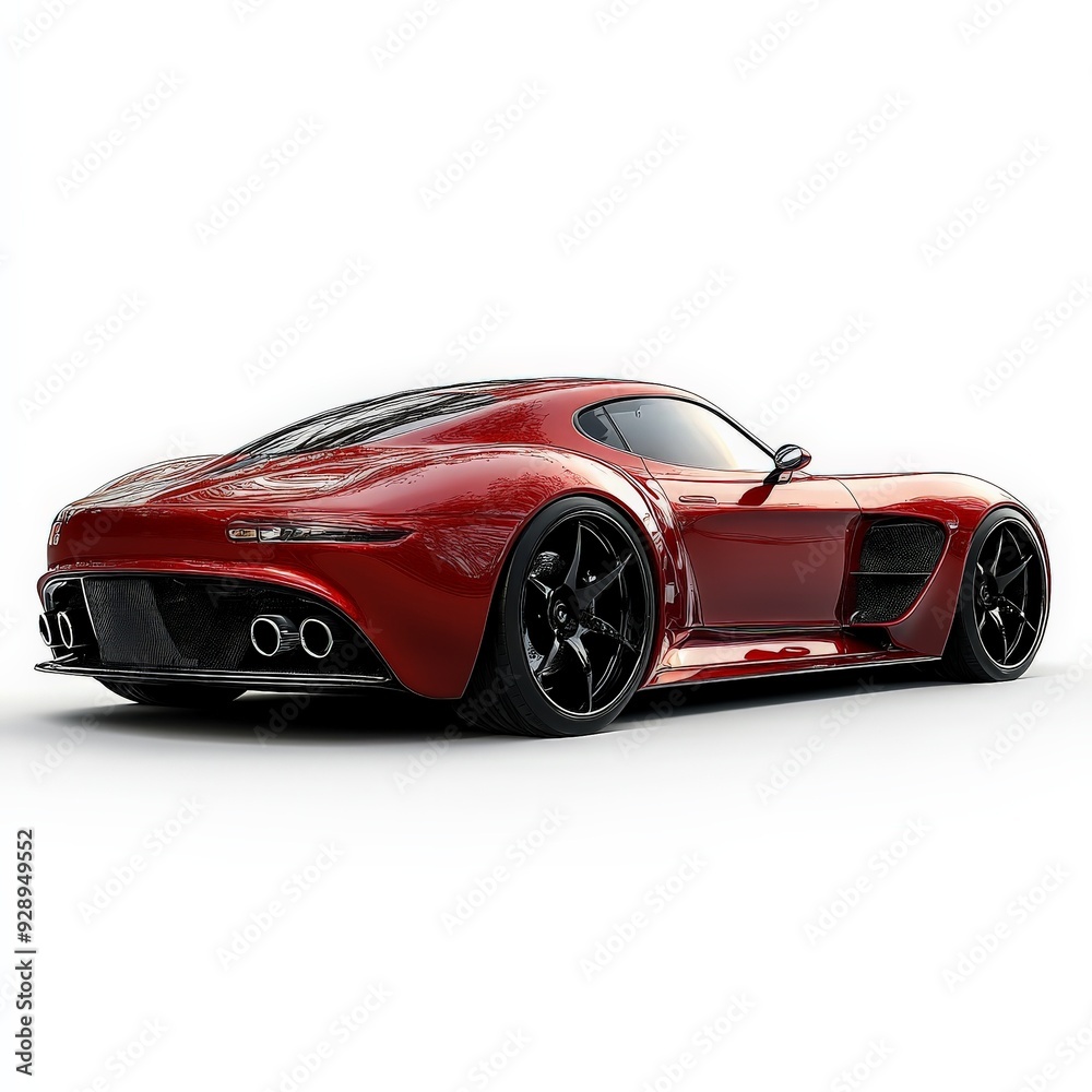 A shiny red sports car, luxury vehicle, realistic 3D rendering, aerodynamic with sleek curves, isolated on white background A shiny red sports car, luxury vehicle, realistic 3D rendering, aerodynamic with sleek curves, isolated on white background