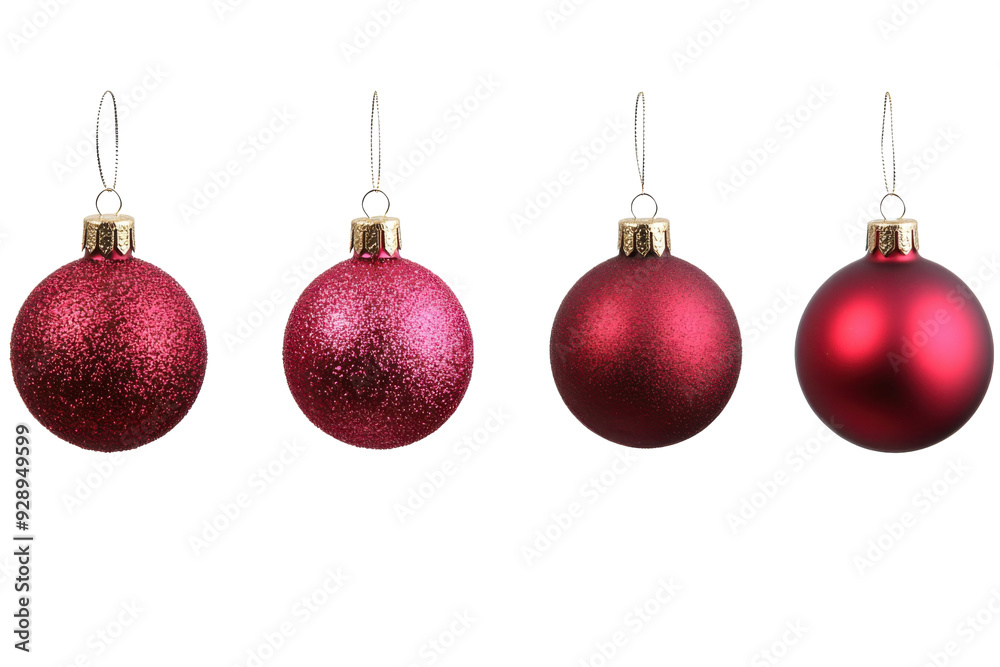 Four festive red Christmas ornaments, showcasing different textures and finishes for holiday decoration. Four festive red Christmas ornaments, showcasing different textures and finishes for holiday decoration.