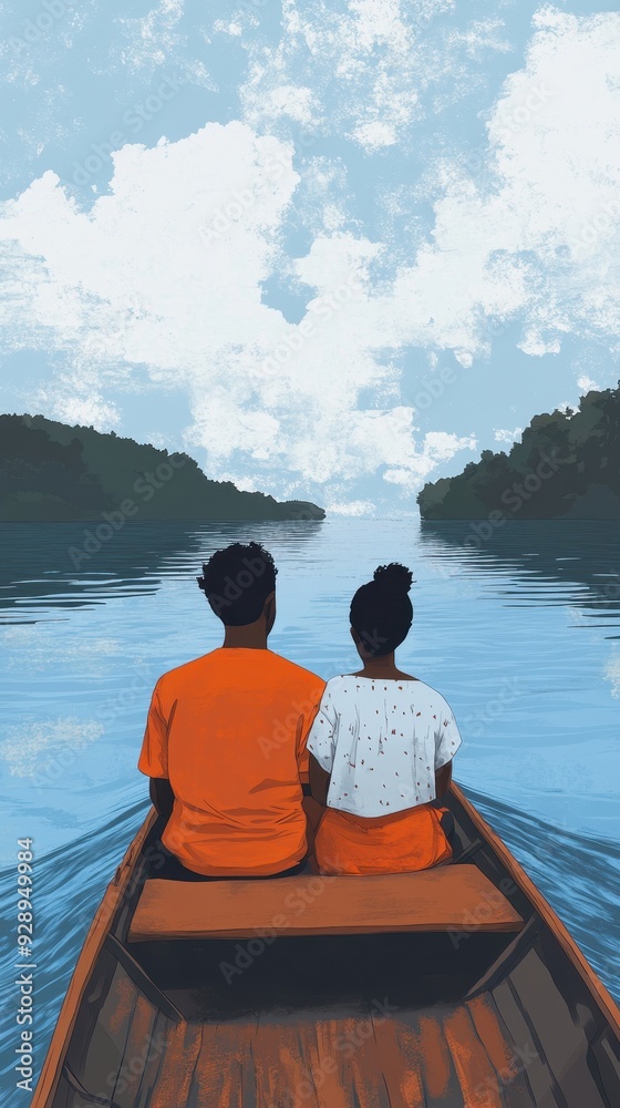 Fototapeta premium A couple relaxes in a boat, surrounded by calm water and lush greenery under a bright blue sky