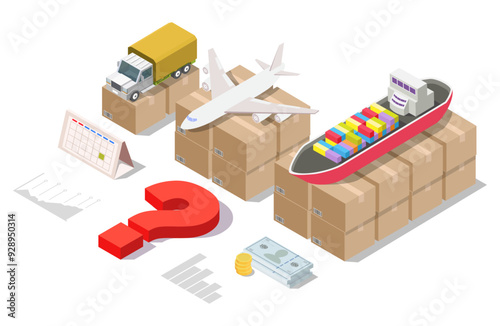 Cargo service selection for import and export isometric vector illustration. Freight shipping by airplane, lorry truck or ship vessel. Delivery and logistic concept