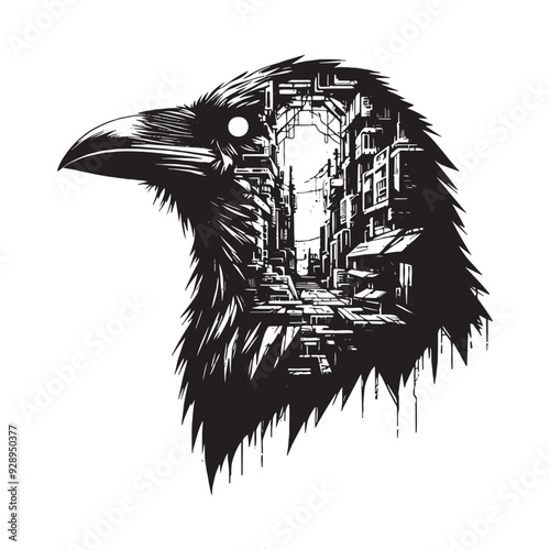silhouette of raven filled with destroyed futuristic dystopia environment in rough drawing