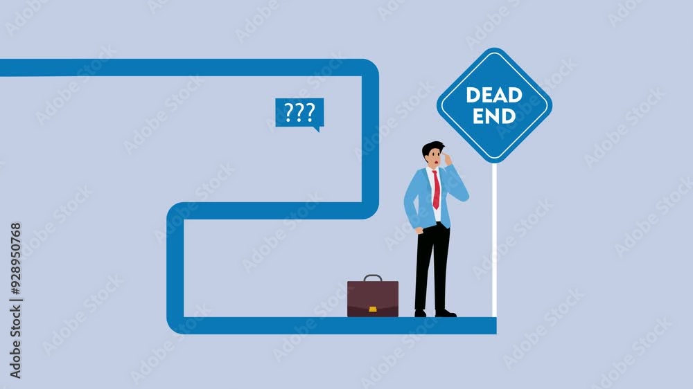 Wrong decisions, the entrepreneur choose the wrong path. Male manager thinking and looks at dead end sign cartoon animation Wrong decisions, the entrepreneur choose the wrong path. Male manager thinking and looks at dead end sign cartoon animation