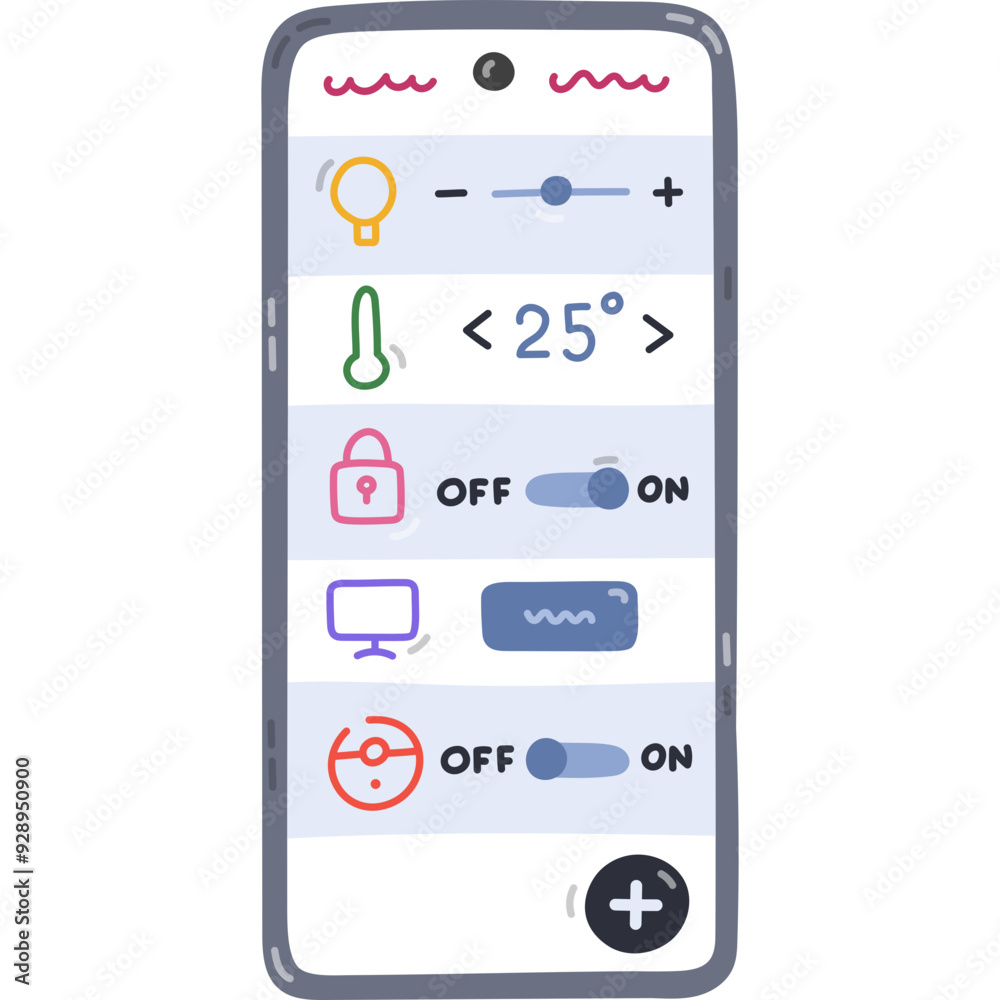 Cute cartoon smartphone with mobile app for home automation, security. Hand drawn clipart of remote control for lock, temperature, house cleaning, light, TV. Internet of things isolated on white. Cute cartoon smartphone with mobile app for home automation, security. Hand drawn clipart of remote control for lock, temperature, house cleaning, light, TV. Internet of things isolated on white.
