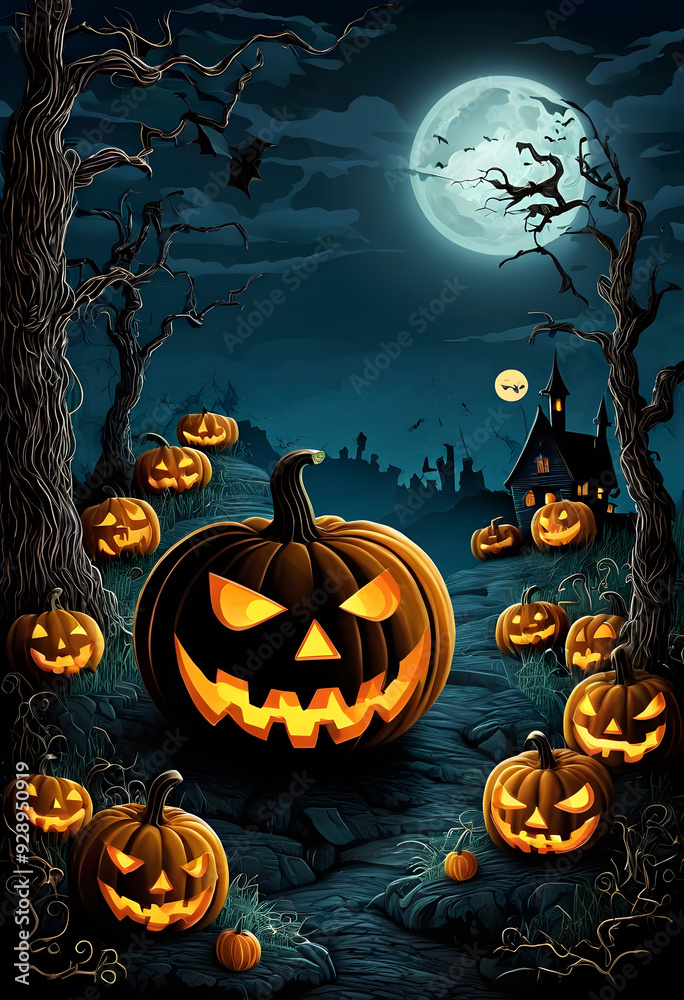 Fototapeta premium A spooky Halloween scene featuring a large, menacing jack-o'-lantern with a carved face, surrounded by smaller pumpkins. The background includes a full moon and bats flying.