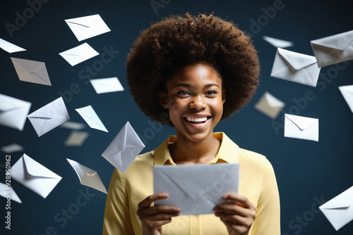Happy Black woman wearing yellow blouse reads letter. White envelopes flying around.
