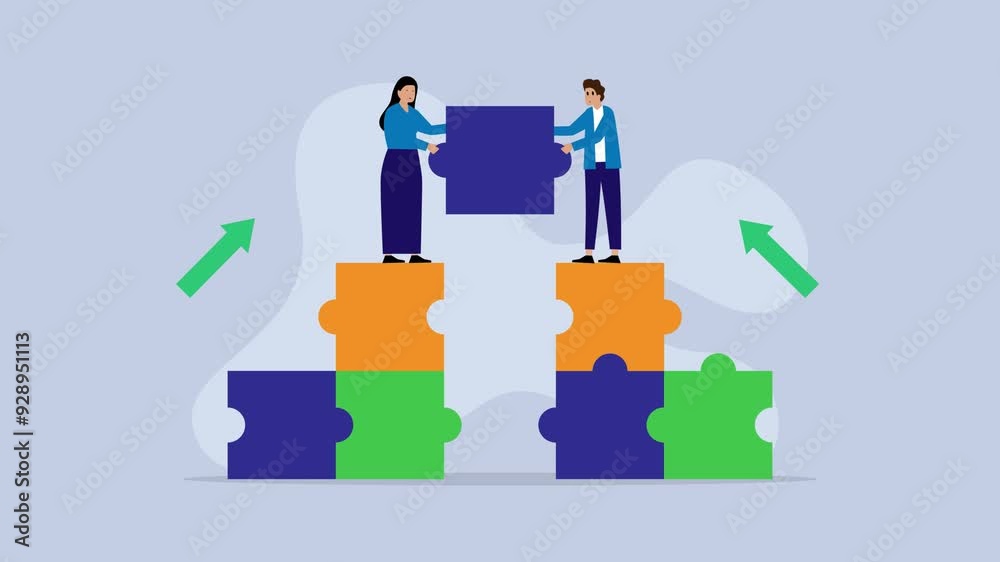 Two young business people working together with puzzles as symbol of collaborating, solving problems, thinking about creative idea cartoon animation