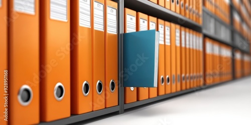 A row of colorful office file folders on shelves, organization of business documents. archive folder document