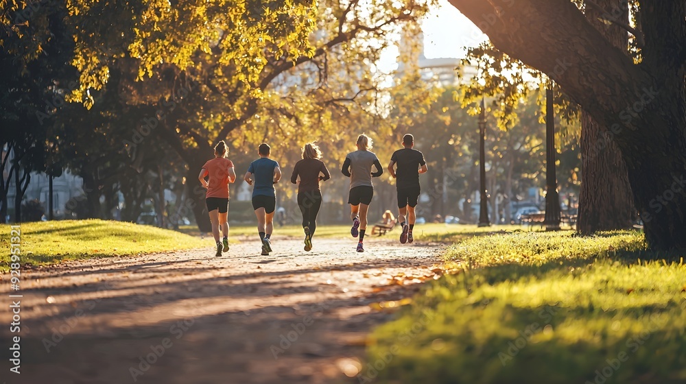 Obraz premium Group of Friends Jogging in a Vibrant Urban Park with Morning Energy