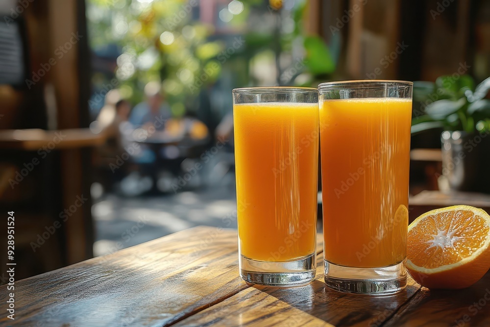 two glasses of fresh orange juice on a sunny outdoor cafe table with blurred figures socializing in the background two glasses of fresh orange juice on a sunny outdoor cafe table with blurred figures socializing in the background