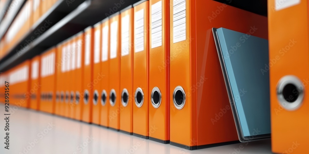 A row of colorful office file folders on shelves, organization of business documents. archive folder document