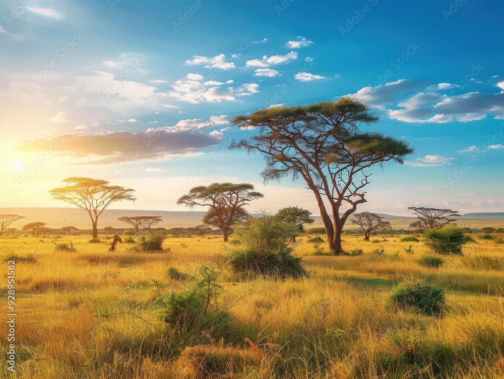 Obraz premium Golden Hour in African Savannah - Awe-Inspiring Landscape of Acacia Trees and Expansive Grasslands at Sunset