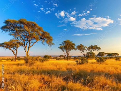 Golden Hour in African Savannah - Dramatic Landscape with Acacia Trees, Grasslands, and Sunlight Casting Long Shadows for Adventure Travel Promotions