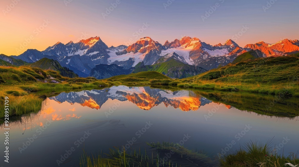 Fototapeta premium Twilight Tranquility: Scenic Austrian Alps Landscape with Snow-Capped Peaks and Serene Mountain Lakes at Dusk