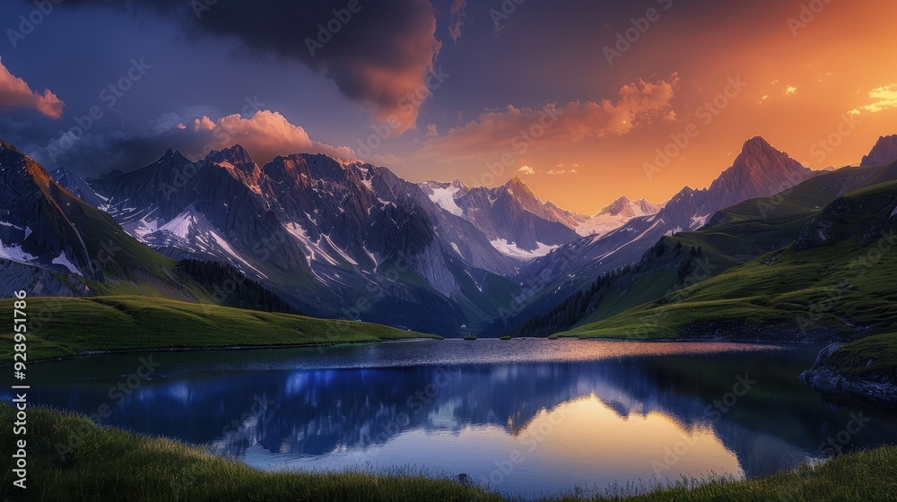 Fototapeta premium Twilight Tranquility in Austrian Alps - Serene Landscape of Snow-Capped Peaks and Mountain Lakes at Dusk