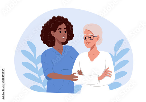 Nurse takes care of an elderly woman. Nurse holding hands with patient in empathy, trust and support of help. Young caregiver helping senior woman walking.