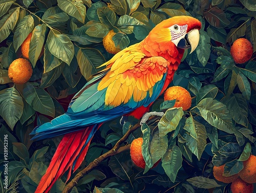 Vibrant Illustration of a Tropical Parrot Perched Gracefully Amidst Lush Greenery and Exot photo