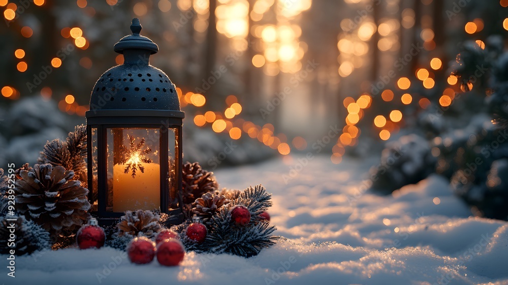 Bright and joyful holiday scene with a Christmas and New Year theme, including sparkling lights and winter decorations for a seasonal greeting card. Bright and joyful holiday scene with a Christmas and New Year theme, including sparkling lights and winter decorations for a seasonal greeting card.