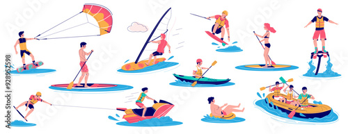 Active people characters enjoying extreme water sport activity and entertainment isolated set. Man and woman kayaking, surfboarding, surfing, canoeing vector illustration