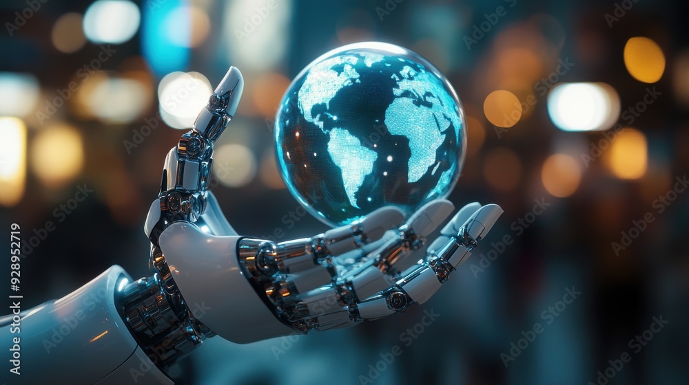A robot is holding a globe in its hand A robot is holding a globe in its hand