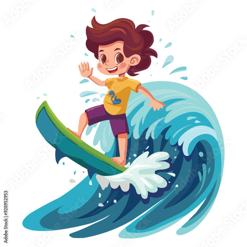 vector cartoon of a boy surfing on a wave