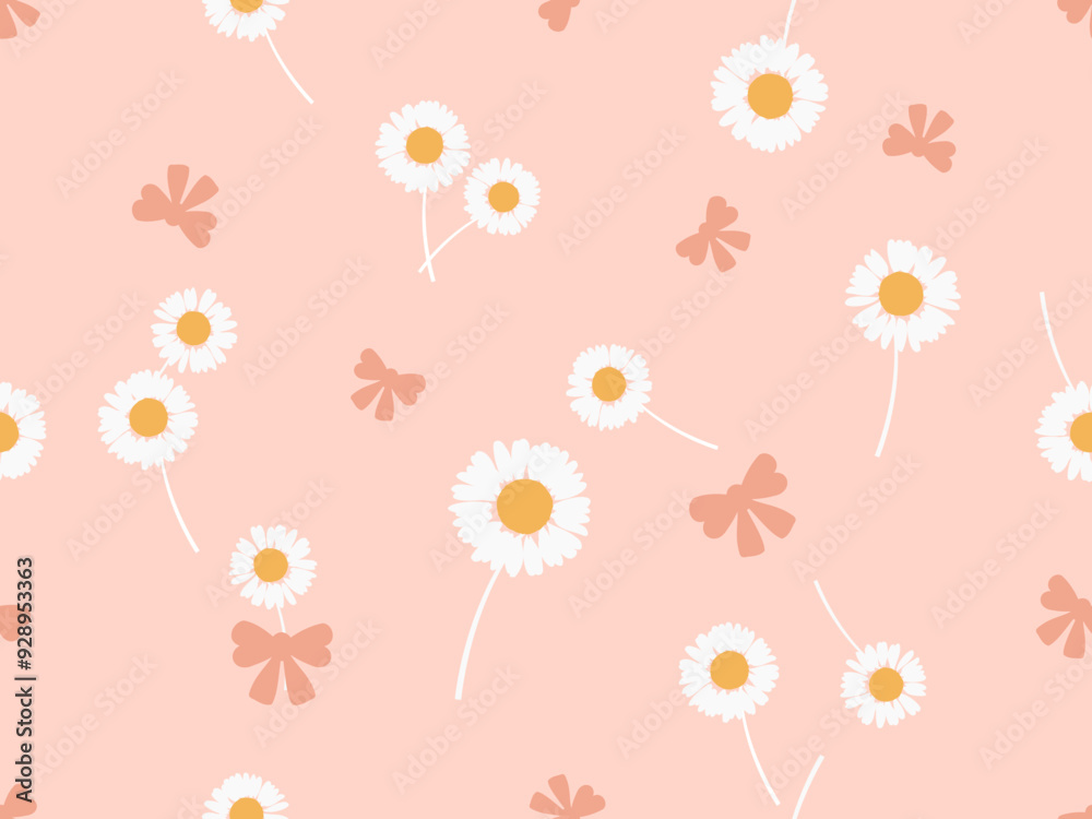 Seamless pattern with daisy flower and ribbon bow on pink background vector. Cute floral print. Seamless pattern with daisy flower and ribbon bow on pink background vector. Cute floral print.