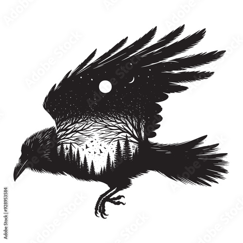 silhouette of raven filled with nature night view in rough drawing