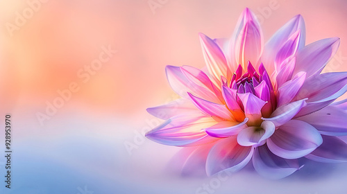  A close-up of a pink flower on a blue and pink background with a blurry sky in the background