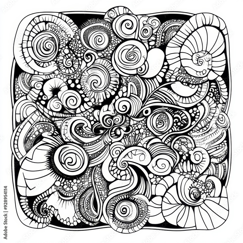 Fototapeta premium Creative Abstract Zentangle Pattern: Black and White Decorative Illustration for Children's Coloring Books. Harmonious Blend of Nature and Culture in Intricate Design. Versatile Artwork for Luxury Sca