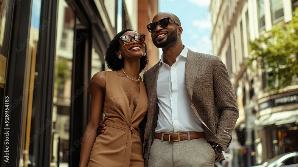 The couple smiles joyfully while standing close to each other on a sunny city street The couple smiles joyfully while standing close to each other on a sunny city street