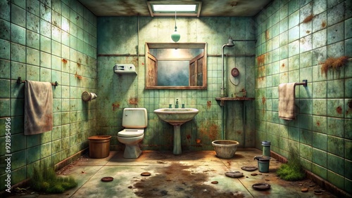 Grungy bathroom illustration featuring a filthy sink, toilet, shower, and floor, covered in dirt, grime, and soap scum, with mold growing on the walls.