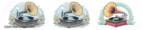Gramophone playing a record, line art