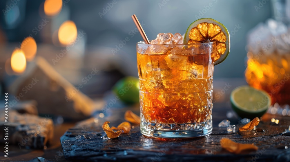 Close up of a refreshing iced drink garnished with lime and a copper straw Close up of a refreshing iced drink garnished with lime and a copper straw