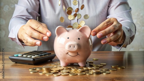 Hands holding coins dropping into a piggy bank, surrounded by scattered bills and calculators, illustrating financial discipline and long-term savings. photo