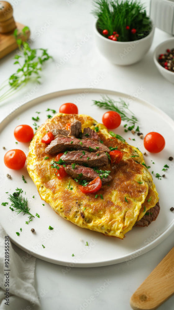A professional photo of a Steak Omelet recipe on a clean white table in a kitchen. The shot is taken with a Fujifilm camera at an aperture of 2.0, capturing a top-angle view that clearly showcases the A professional photo of a Steak Omelet recipe on a clean white table in a kitchen. The shot is taken with a Fujifilm camera at an aperture of 2.0, capturing a top-angle view that clearly showcases the