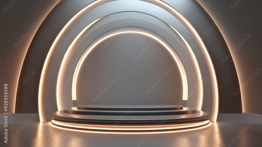Archway to Ambitions: A sleek, modern 3D rendering of an illuminated, circular stage with an archway backdrop. Archway to Ambitions: A sleek, modern 3D rendering of an illuminated, circular stage with an archway backdrop.